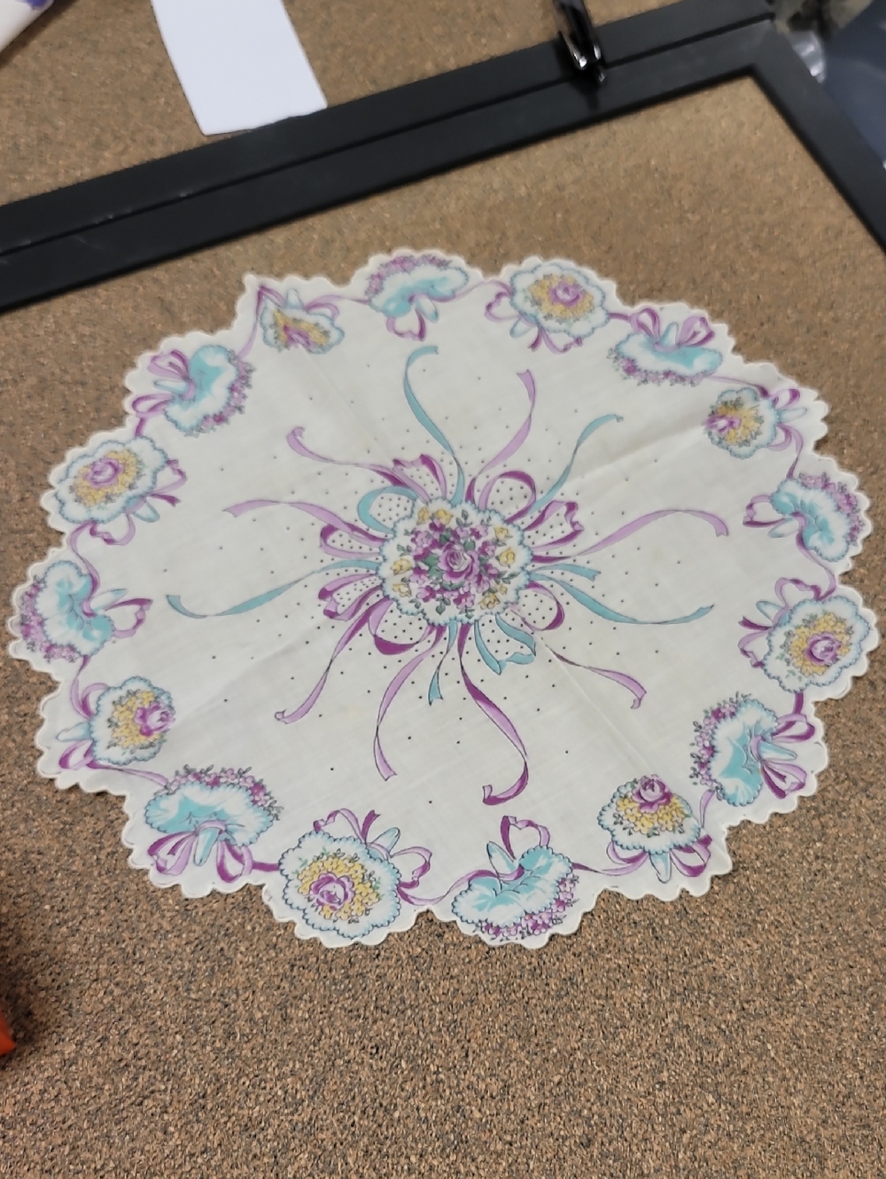 Vintage Floral Round Table Doily Or Handkerchief in Cream Purple  Teal Accents